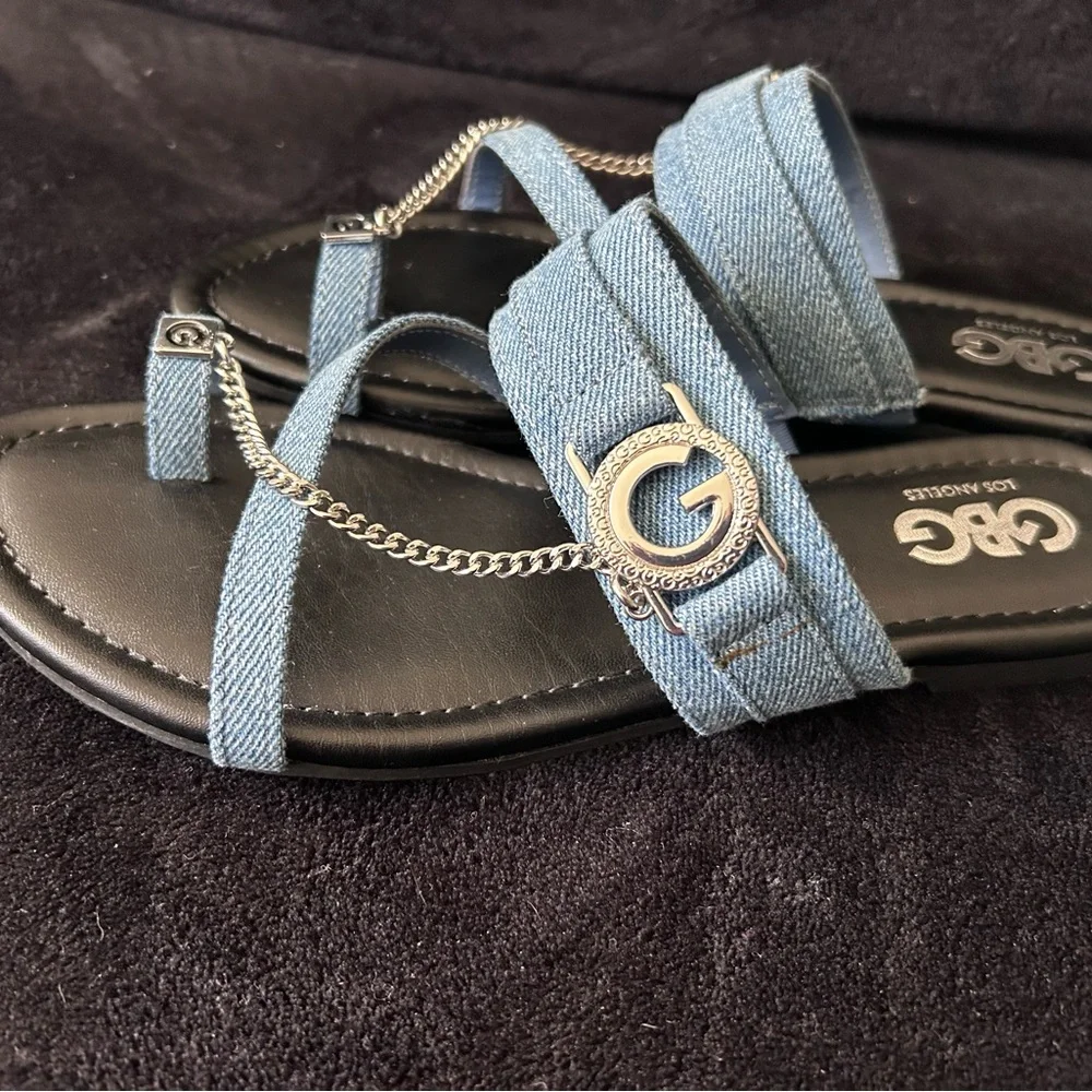 G by Guess Light Blue Denim Chain-Accent Slide Sandals - Picture 2 of 4